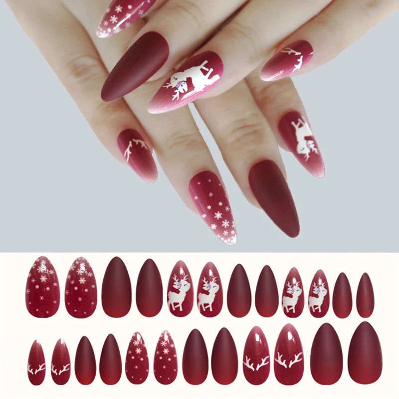 

Xmas Fake Nails Designs Snowflakes Cute Elk Pattern Stiletto Almond Shape Manicure Decoration Tips Press On Nails for Girls