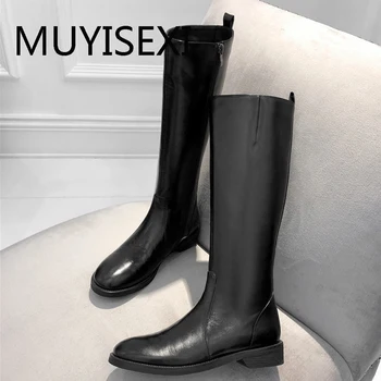 

Autumn winter genuine leather women's knee high boots military thin casual office 3cm low heel fashion shoes MEI05 MUYISEXI