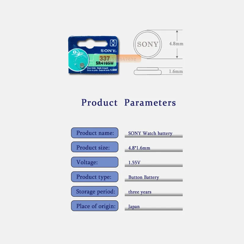 15pc Sony Original 337 SR416SW 1.55V Silver Oxide Watch Battery SR416SW 337 Button Coin Cell MADE IN JAPAN
