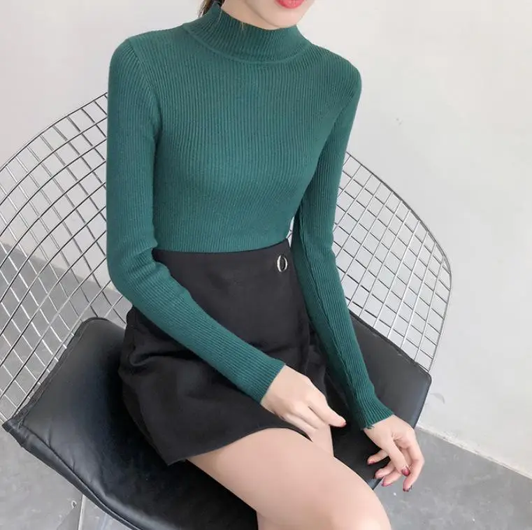 Вязаный свитер с коротким воротником, хлопковый пуловер с длинным рукавом, однотонный Тонкий облегающий мягкий теплый свитер для женщин, осень - Цвет: green