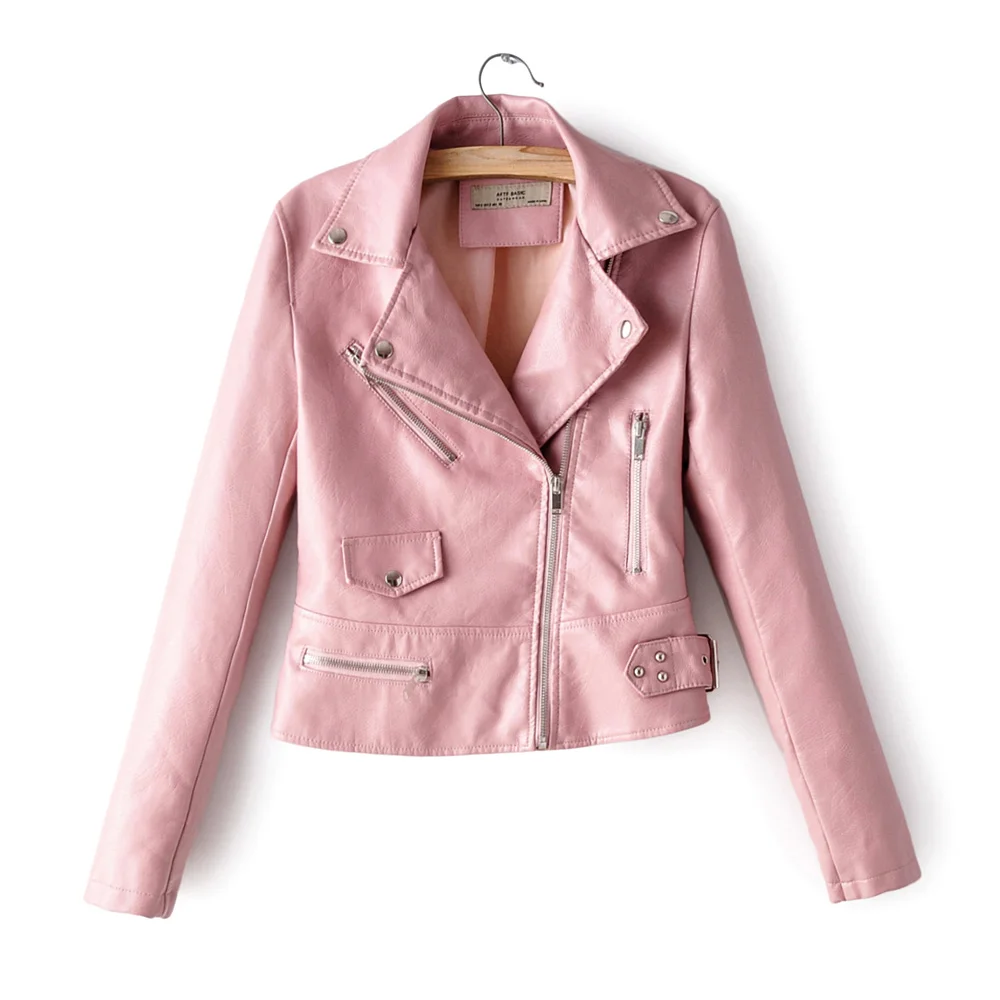 AM1997 Pink Для женщин искусственная кожа жакет; короткая куртка в повседневном стиле, Модная стильная обувь на заклепках карман на молнии отрегулировать ремень SML; 4 цвета; Прямая - Цвет: AM1997 Pink