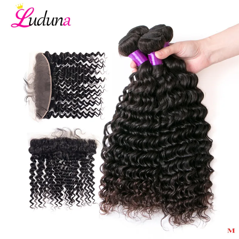 

Luduna Human Hair With Closure Peruvian Deep Wave 3 Bundles With Closure 13*4 Lace Frontal Closure With Bundles Remy Hair