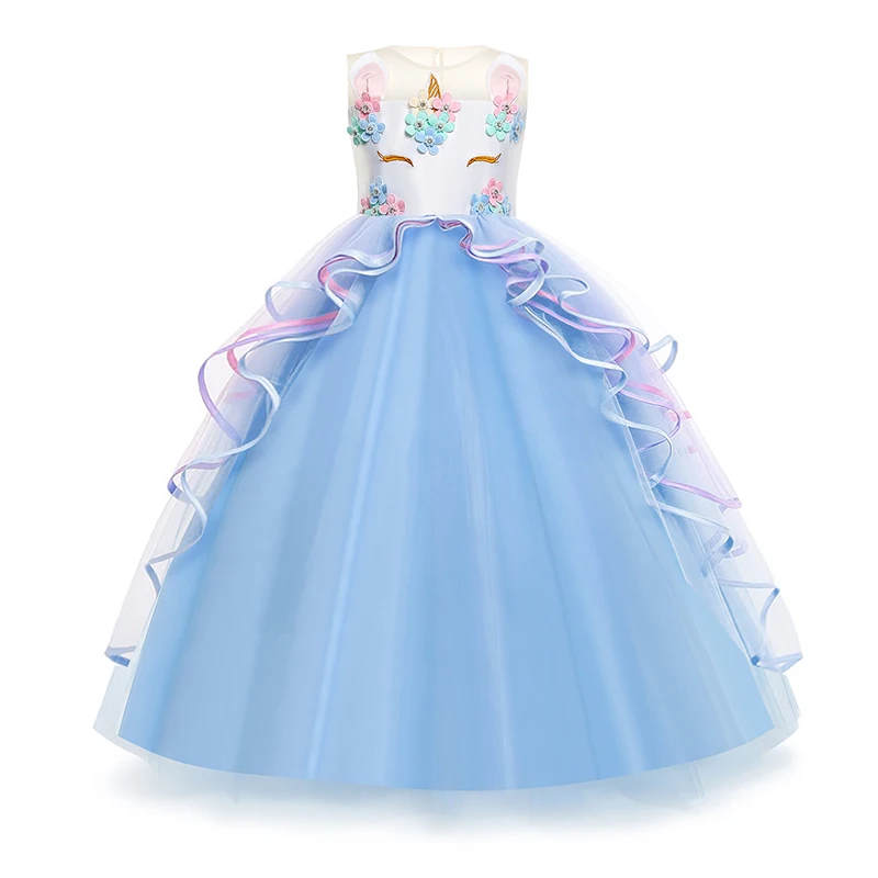 Unicorn Dress Girls Birthday Party Clothes Embroidery Flower Ball Gown Kids Rainbow Formal Princess Children Costume