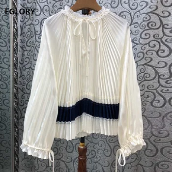 

High Quality Cotton Blouse 2019 Autumn White Black Tops Women Ruffled Collar Color Block Casual Loose Long Sleeve Pleated Shirt