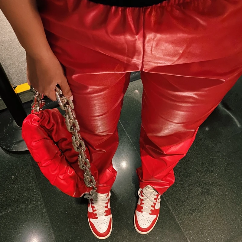 Streetwear Kylie Inspiration Jenner Red Varnished Leather Trousers Baggy  High Waist Shiny Sweatpants With Zip-Fastening Pockets - AliExpress