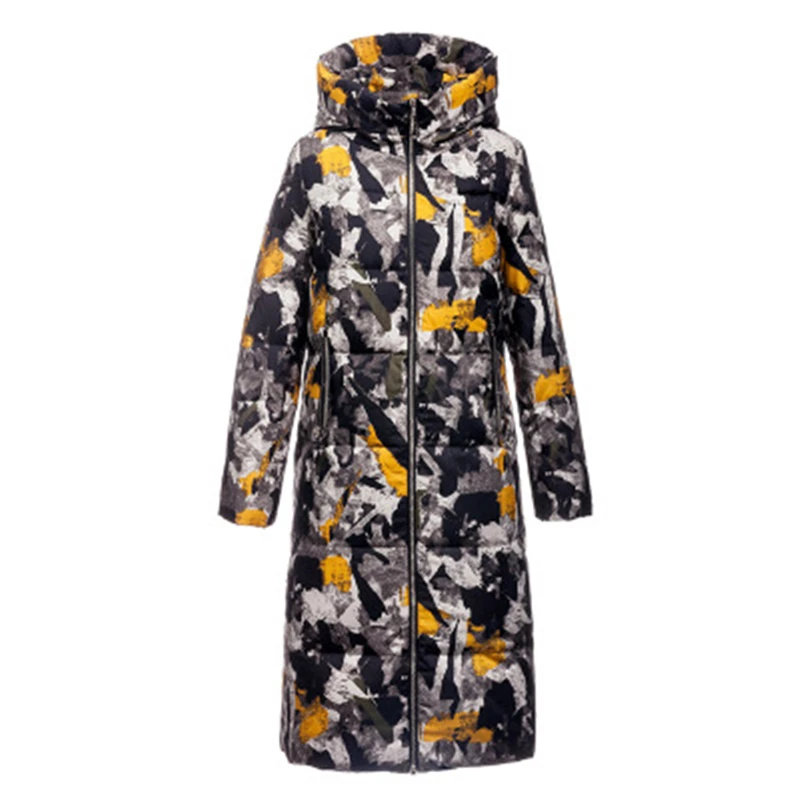 

Новое поступление 2022, зимнее женское пуховое пальто, повседневное облегающее женское камуфляжное пальто на белом утином пуху, теплое длинное пальто с принтом