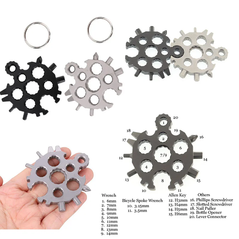 

20 In 1 Multi-Tool Mini Stainless Steel Snowflake Flat Cross Head Screwdriver Turtle shape Allen Key Spanner Key Chain Tool