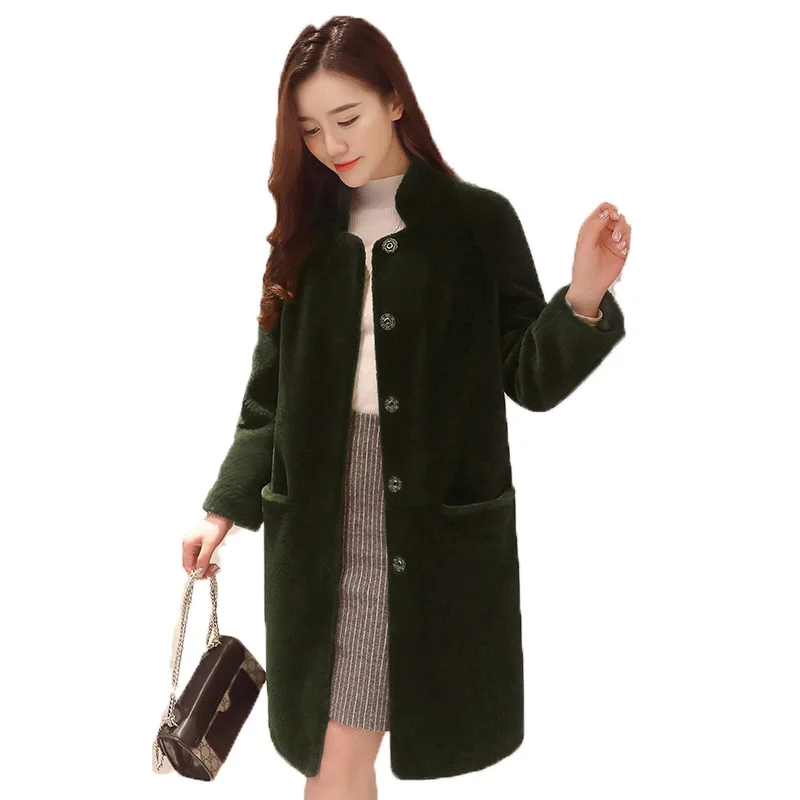 Зимнее женское пальто, женское длинное пальто, шерстяное элегантное пальто из натурального овечьего меха, осенняя куртка для дам, Толстая теплая меховая одежда - Цвет: army green