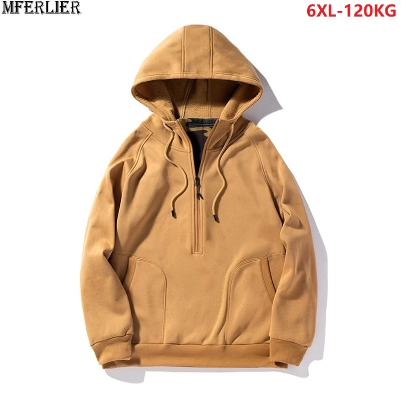 

high quality autumn men soprts warm fleece Sweatshirt hooded zipper hoodies winter man plus size 4XL 6XL khaki loose Sweatshirts