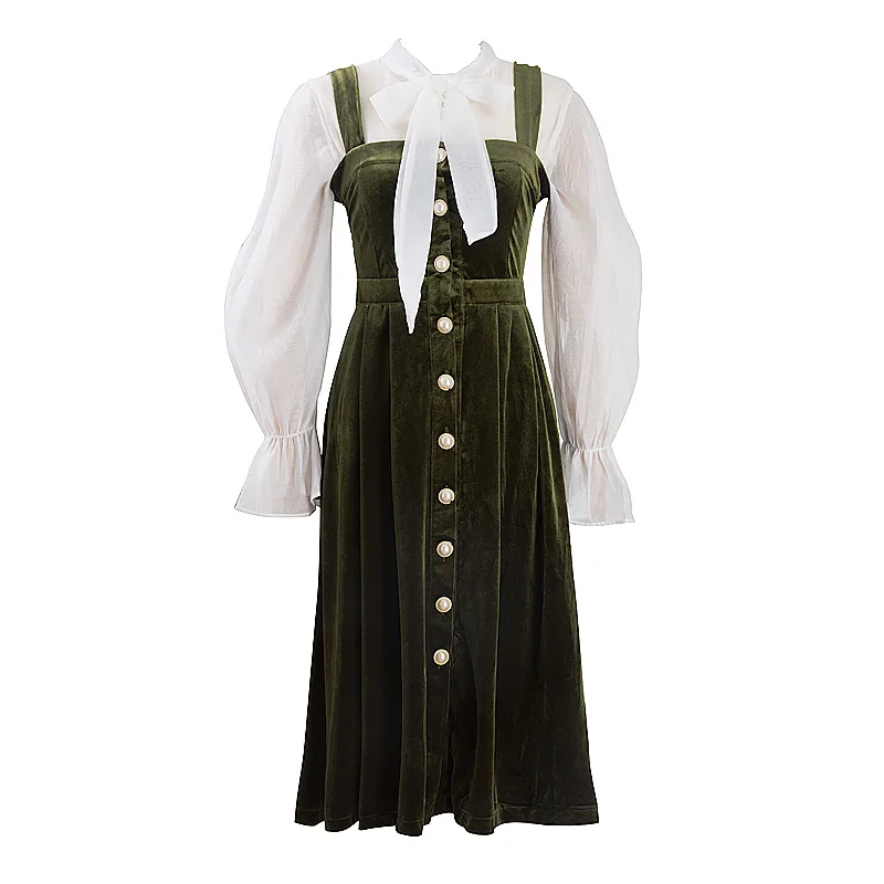 

PERHAPS U black green velvet tank sleeveless button midi mid calf dress with shirt bow collar 2 two pieces set elegant solid vintage autumn winter sweet T0290