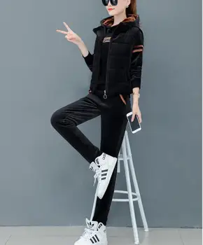 

Plus size thick casual sports set women's winter hooded velvet clothing three-piece set wear
