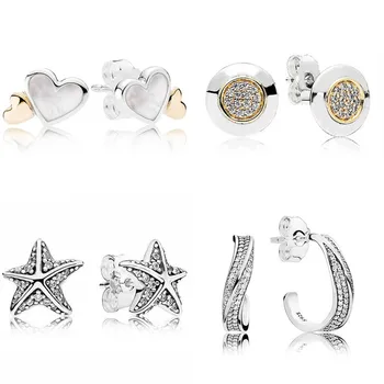 

New 925 Sterling Silver Earring Golden Two-tone Signature Luminous Hearts With Mother-Of-Pearl Earring For Women Fine Jewelry