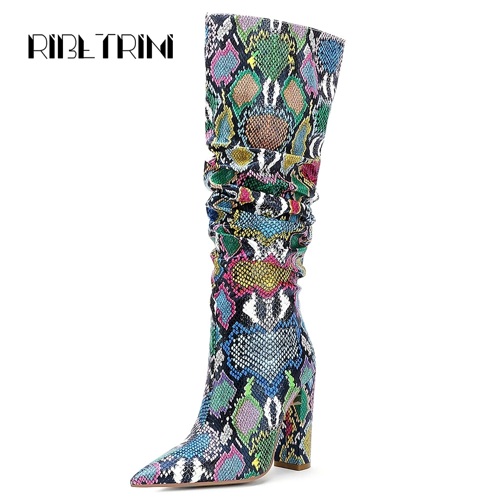 

RIBETRINI Sexy Women Multicolor Snakeskin Knee Boots 2019 Chunky High Heel Pointed Toe Slip On Shoes Woman Knee High Boots