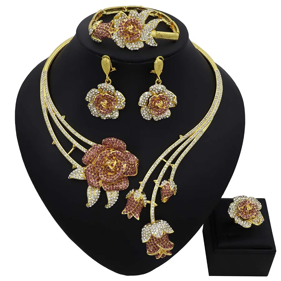 TSROUND Purple Jewelry Set Abstract Flower Pendant Pattern Dubai Costume Jewelry African Necklace Earring Set for Women Rhin