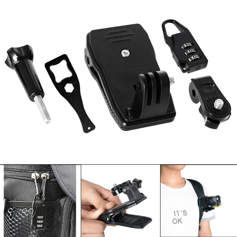 

Action Camera Clamp Mount Kit 360 Degree Rotary Clip w/Safety Zipper Lock Backpack Bag Clips Mount Accessories For Gopro Sony