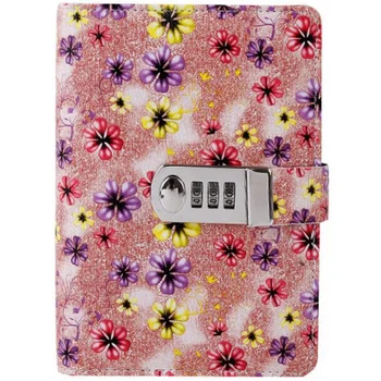 

A6 Diary Book with Lock PU Leather Flower Notebook Computer Learning Supplies Lockable Password Writing