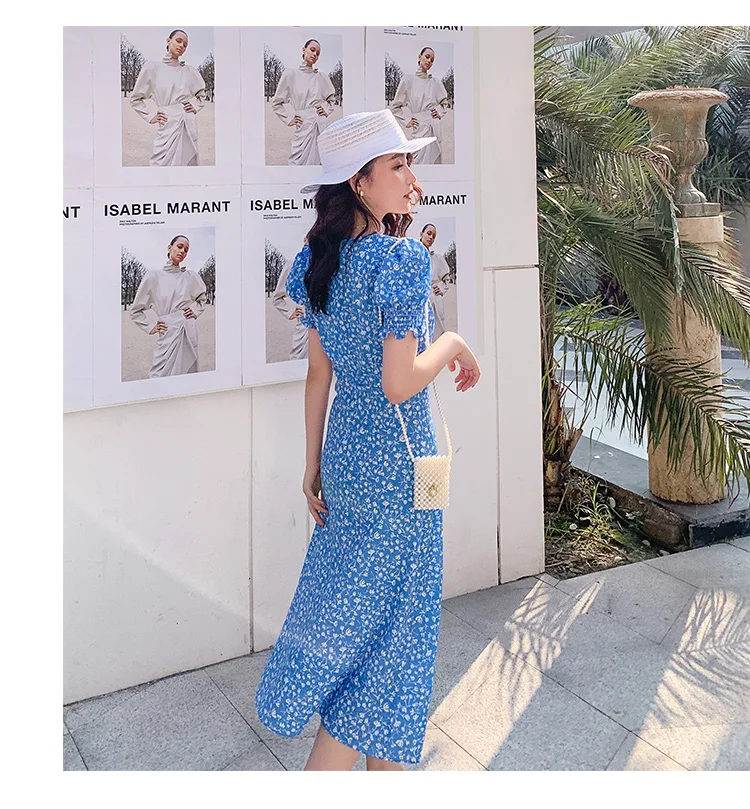 Summer Party Wrap Dress Vintage Blue Print Floral Sexy Slit Beach Holiday Dresses Ladies Vestidos