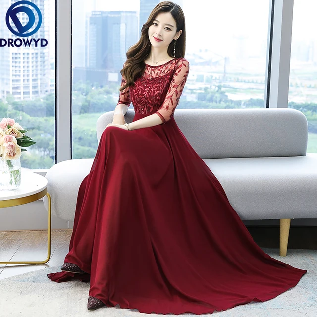 Women's Elegant Vintage Burgundy Pleated Long Dress Summer Floral Hollow Out Chiffon Long Evening Party Maxi Dresses Vestidos 1