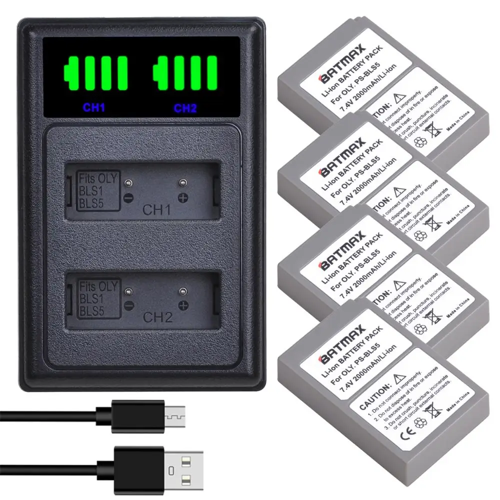 Batmax Ps-Bls5 Bls-5 Bls5 Bls50 Batteria + Led Caricatore Doppio Per Olympus Pen E-Pl2,E-Pl5,E-Pl6, E-Pl7, E-Pm2,Om-D E-M10,E-M10 Ii