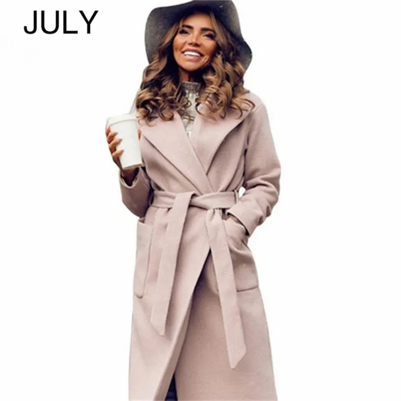 JULY элегантные длинные женские пальто с отворотом 2 кармана поясом однотонные куртки пальто женская верхняя одежда