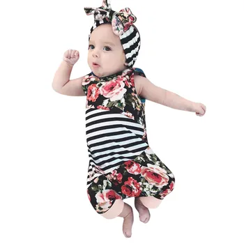 

Baby Girls Jumpsuit Infant Girls Floral Print Striped Sleeveless Romper Summer Toddler Kids Patchwork Romper+Headband Set #LR3