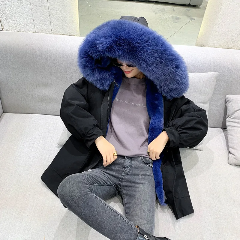 Black sea blue Новинка, Женское пальто из искусственного меха, длинный рукав, с капюшоном, имитация лисьего меха, средний стиль, парки, женское повседневное свободное плотное теплое зимнее пальто - Цвет: Black sea blue