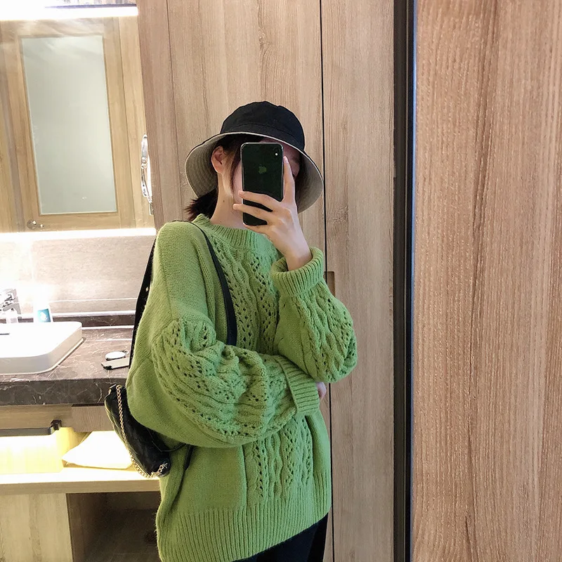 

2019 with The New Sweater Women Loose Round Neck Long-sleeved Korean Hedging Exposed Women Sweaters and Pullovers Sweater