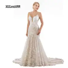 Romantic Lace Mermaid Wedding Dress Spaghetti Backless FLower edge Chapel Train White Long Bride Dresses Plus Size