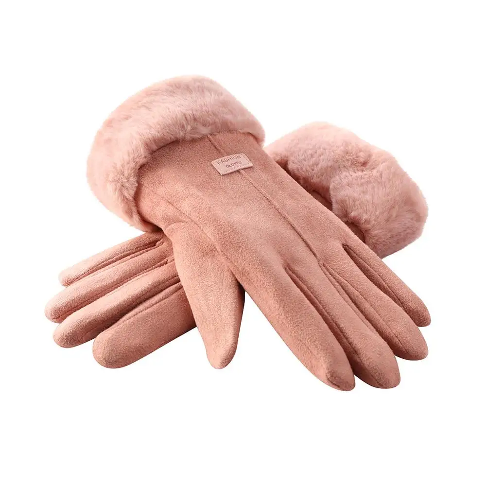 Pink Женские перчатки, зимние перчатки для девушек, для улицы,, полный палец, перчатки для вождения, женские замшевые плюшевые теплые перчатки FD - Цвет: Pink