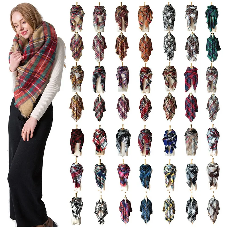 

2019 Winter Fashion Plaid Print Pashmina Scarves For Women Warm Cashmere Neck Scarf Female Red 140*140cm Square Shawls and Wraps