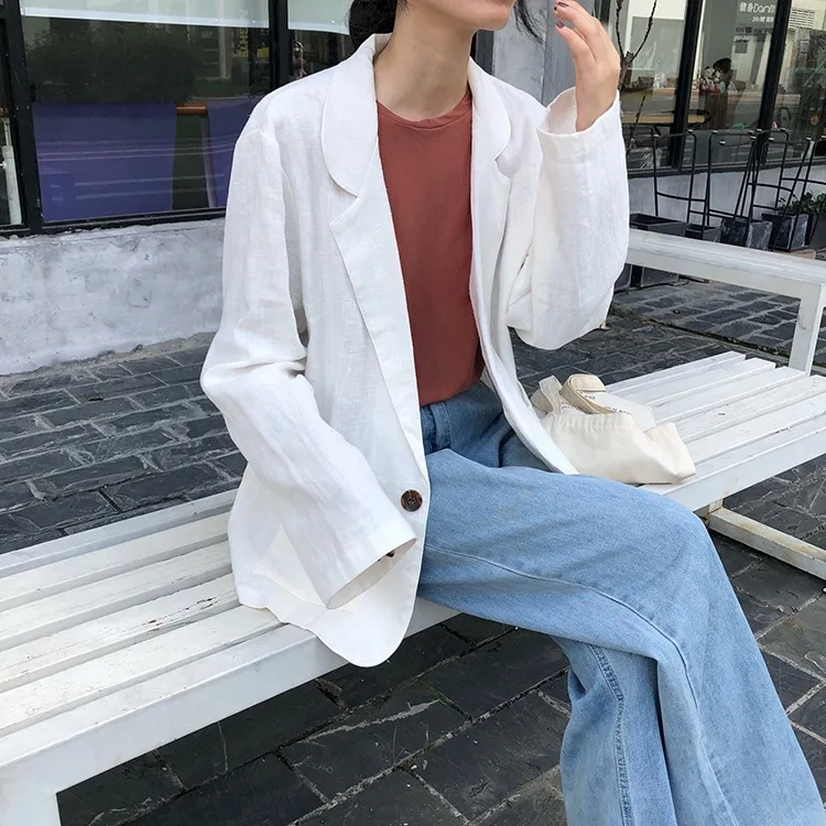 

Fox Mrs. Early Autumn Loose-Fit Solid Color Flax Suit Simple Pocket Versatile Retro Long Sleeve Casual Suit Jacket