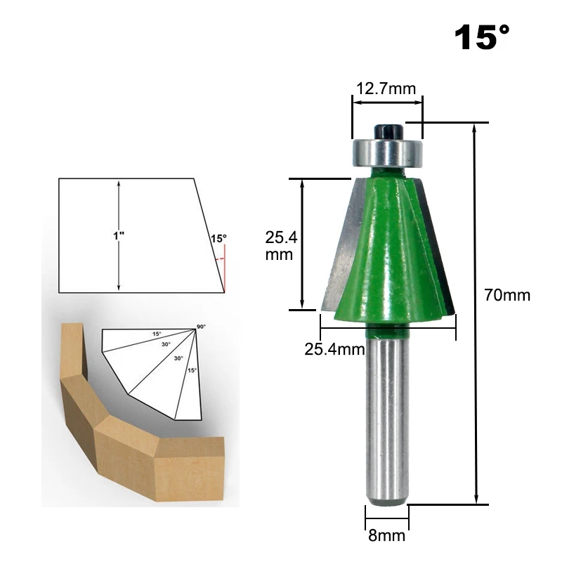 

Hot Sale 5Pcs 8Mm Shank Chamfer Router Bit 11.25 15 22.5 30 45 Degree Milling Cutter for Wood Woodorking Machine Tool