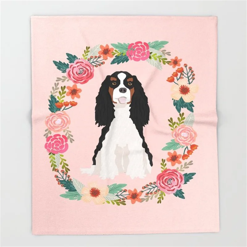 

Cavalier king Charles Spaniel Tricolored Dog Floral Wreath Dog Gifts Pet Portraits Throw Blanket Warm Microfiber Sofa Bedding