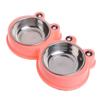 

Pet Bowls Dogs Cats Double Cute Cartoon Frog Feeder Food Water Stainless Steel LX9C