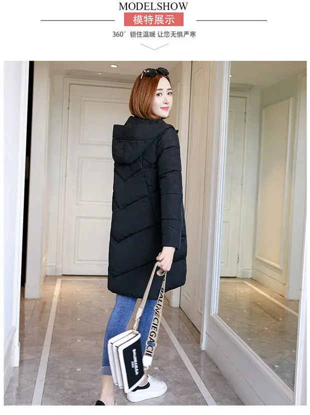 Winter Hooded Thick Warm Jacket Women Casual Cotton Padded Mid Length Coats Korean Snow Wear Overcoats Solid Parka Outwears New