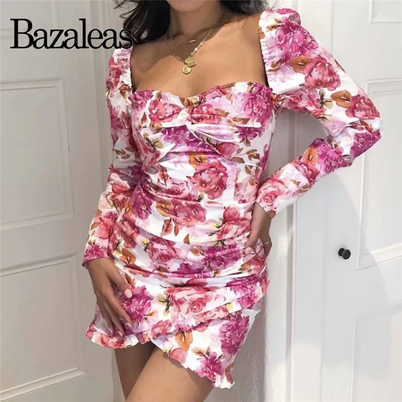 Винтажное облегающее платье Bazaleas с рюшами праздничное розовое цветочным принтом