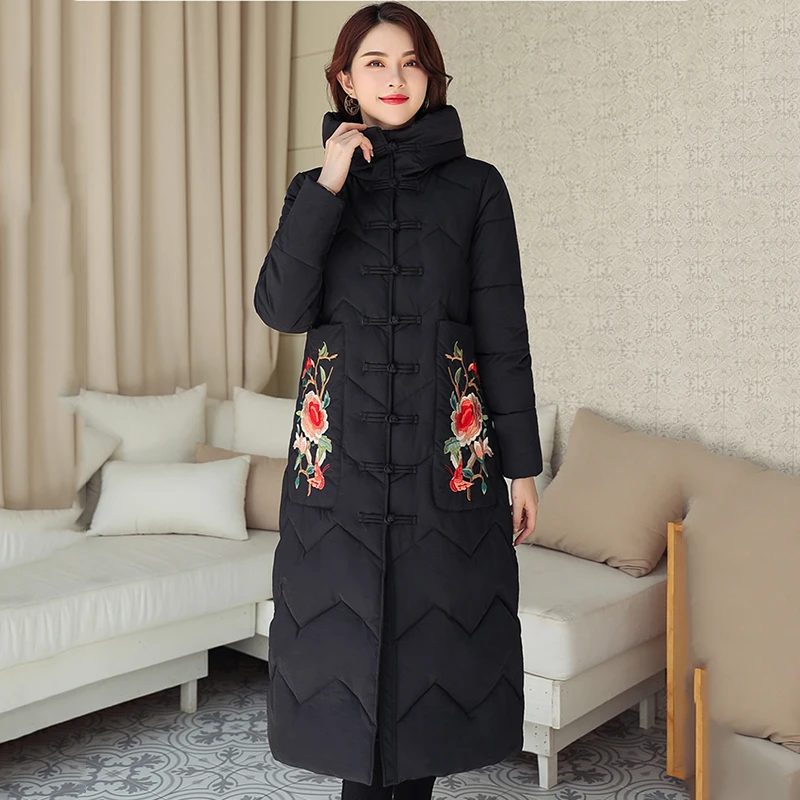 

2019 High Quality Winter Jacket Women Warm Thicken Chinese Style Retro Ladies Outwear Coat Female Hooded Long Parka