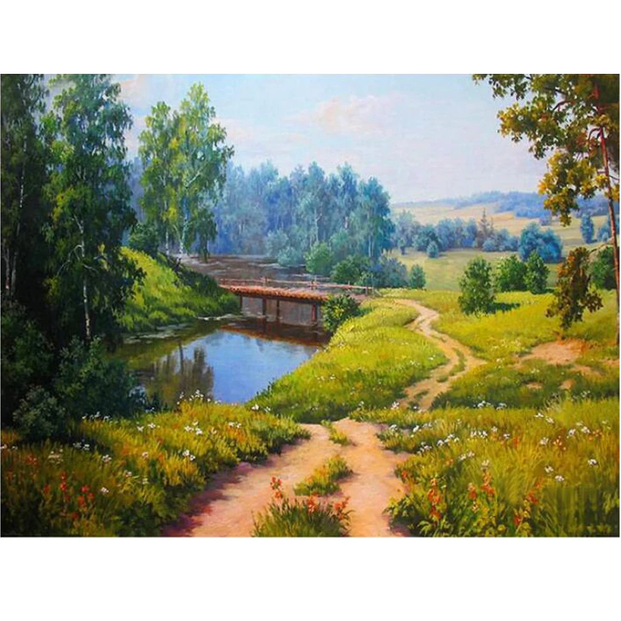 DIY Round Diamond Painting Kits for Adults Full Drill Cross Stitch River Tree Scenery Home Decoration 40x30CM