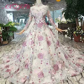 

AXJFU luxury princess beading crystal embroidery flower white lace wedding dress vintage high neck sparkly wedding dress 11842