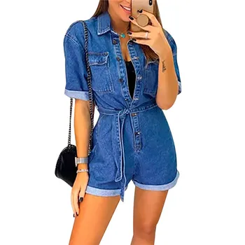 

1Pc Casual Denim Jumpsuit Playsuits Women Short Sleeve Button Blue Female Playsuit Sexy Bow Tie Ladies Jeans One-Piece Clothes