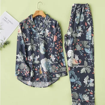 

Spring And Summer Pajamas Set For Women 2 Pcs Fashion Retro Cotton Satin Squirrel Long Sleeve Cardigan Female Sleepwear