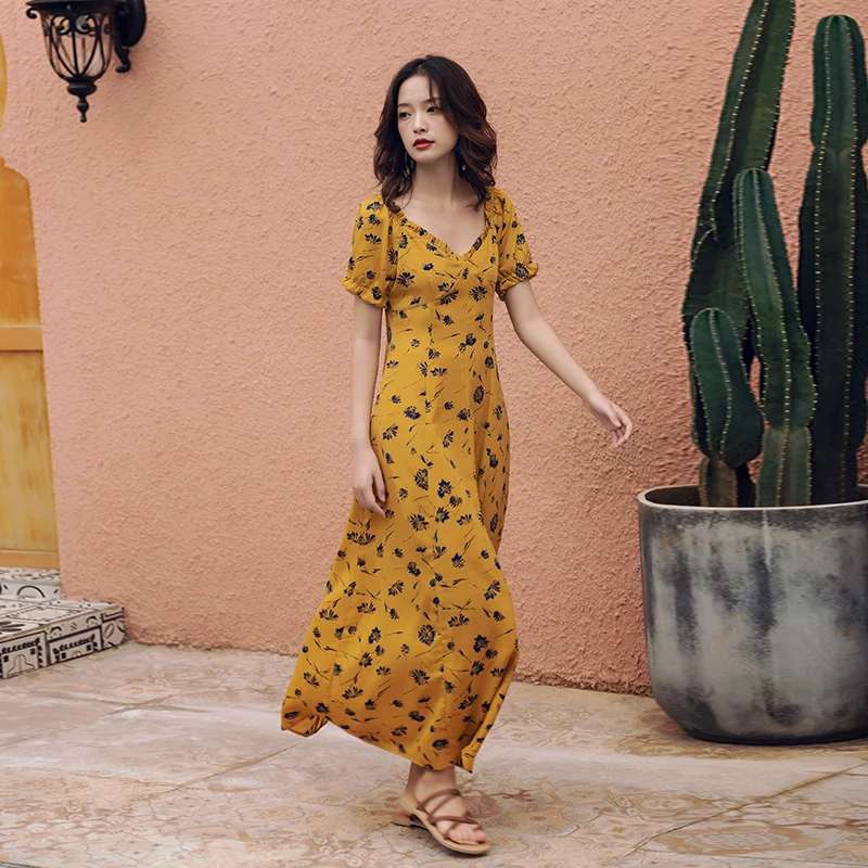 

Long Floral Yellow Chiffon Women Dress Summer 2020 Runway Elegant Vintage Party Dress Maxi Boho Tropical Beach Vacation Dresses
