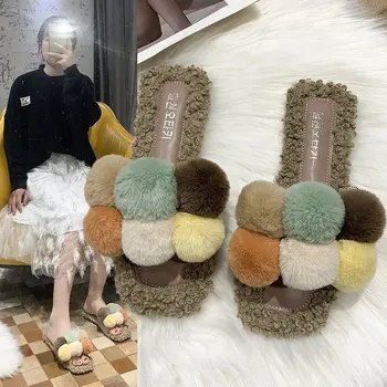 

Coslony Winter Women Plush Slippers Pom Pom Fur Mules Cute Hair Ball Shoes Flats Square Toe Home Slippers Casual Open Toe Slides