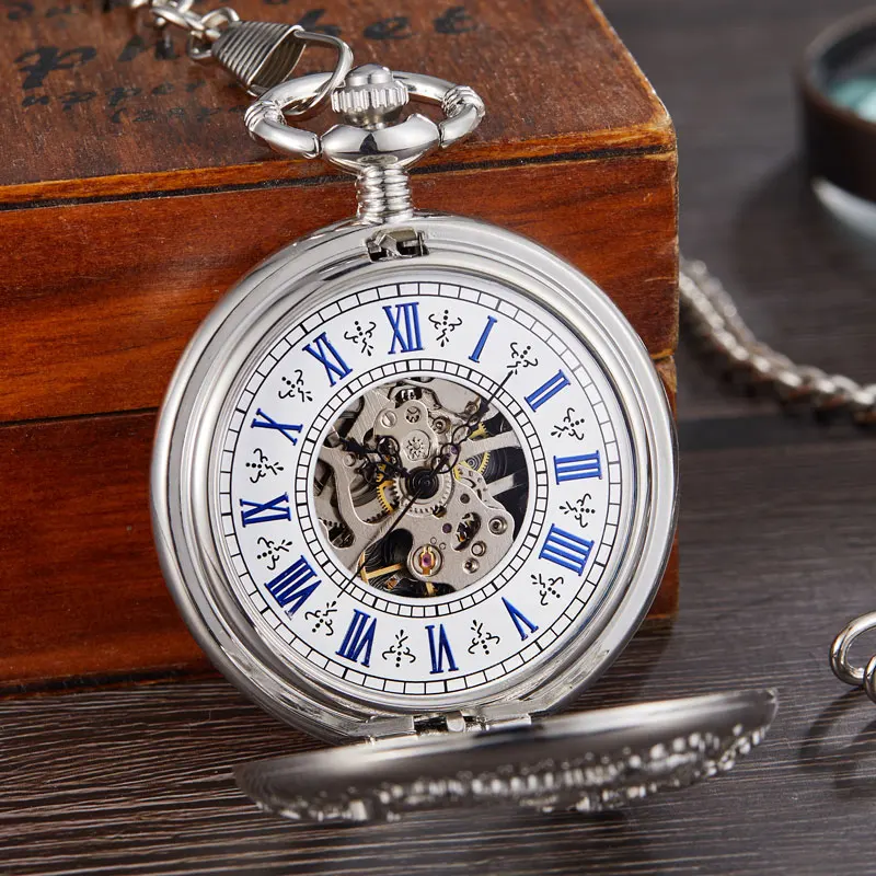 Роскошный золотой дракон лазерная гравировка Механические карманные часы с цепочкой полый Скелет ручной обмотки кулон часы для мужчин флип Fob