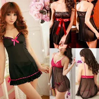 

Sexy Lingerie Women Underwear See-through Silk Lace Short Mini Dress G-String Babydoll Nightdress Nightgown Sleepwear sets