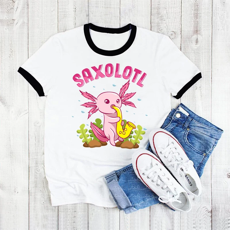 

Funny Saxolotl Adorable Axolotl Playing Sax Graphic Print T-Shirt Women Kawaii Clothes Summer Tops For Girls Tshirt Femme