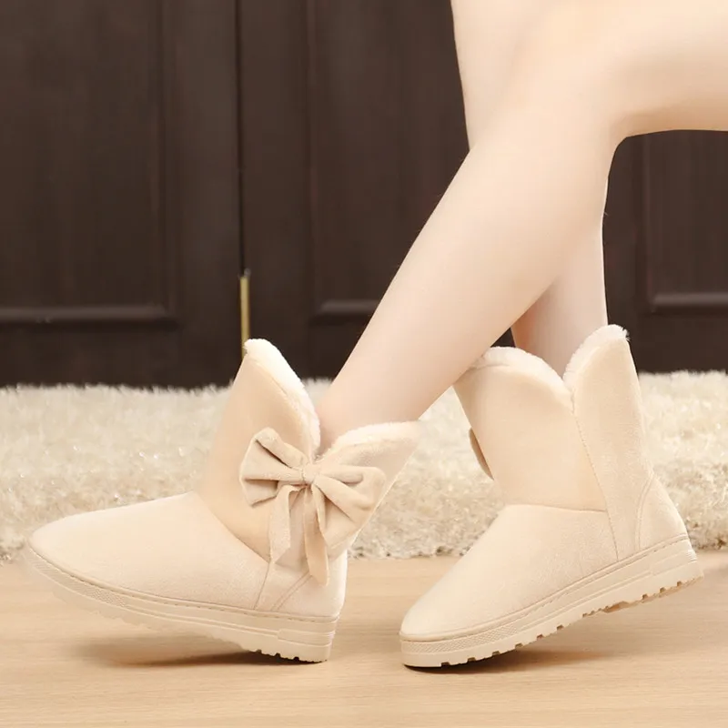 Houlife Winter Warm Women Solid Color Fur Ankle Snow Boots Bowtie Plush Suede Rubber Flat Slip On Female Fashion Mujer Booties