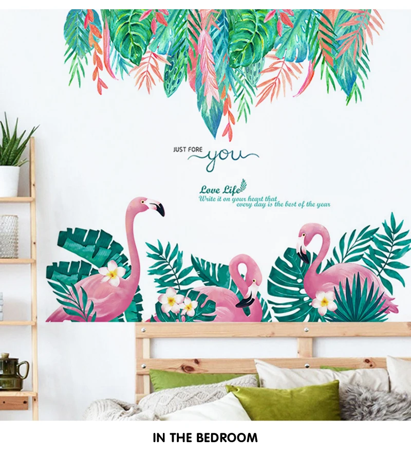 Large flamingo green plant wall stickers bedroom sticker home decor living room sofa background wall decor girl room decoration