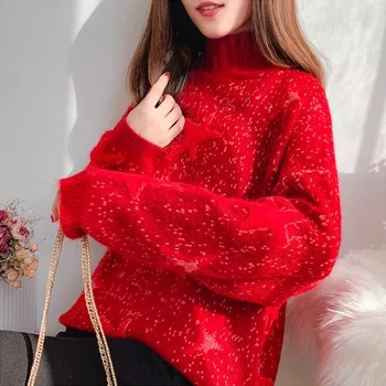 

Women High-neck Sweater Christmas Star Print Sweater Loose Pullover Sweet Knit Top Female