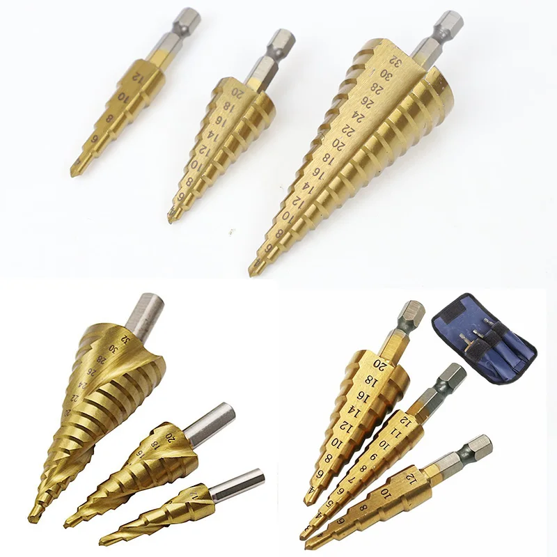 

HSS Steel Titanium Step Drill Bit 3-12mm 4-12mm 4-20mm Step Cone Cutt Tools Metal Drill Bit Set for Woodworking Wood